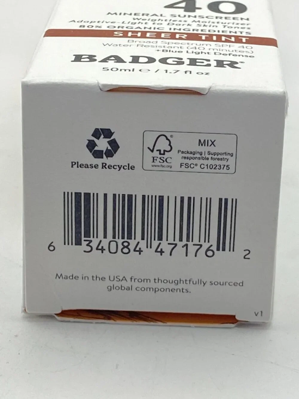 BADGER Face 40 Mineral Sunscreen Sheer Tint (1.7 fl oz / 50 ml) - NIB (Exp 11/28